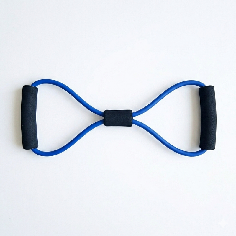 A blue pilates bazi puller resistance band for various stretches