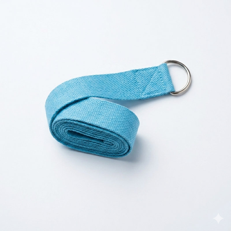A blue pilates stretch strap with a d -ring on it for various stretches