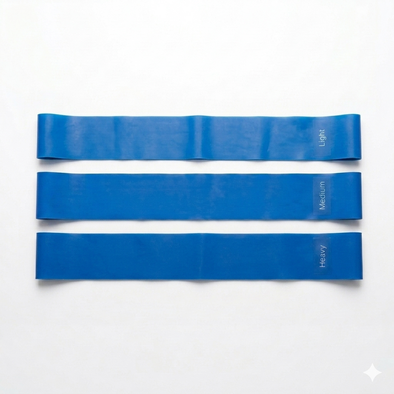 A set of blue pilates long bands with various resistances