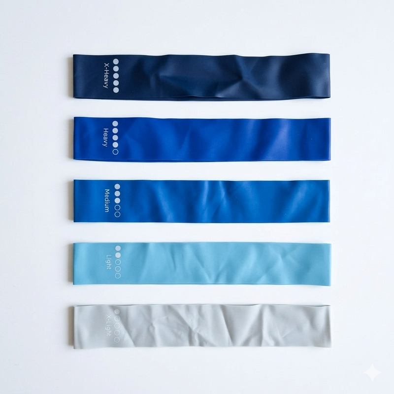 A a piece blue set of pilates loop bands with various resistances