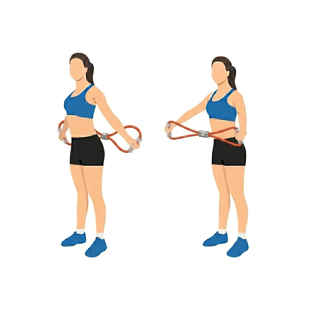 A woman performing shoulder and arm rotation stretch with a bazi puller band