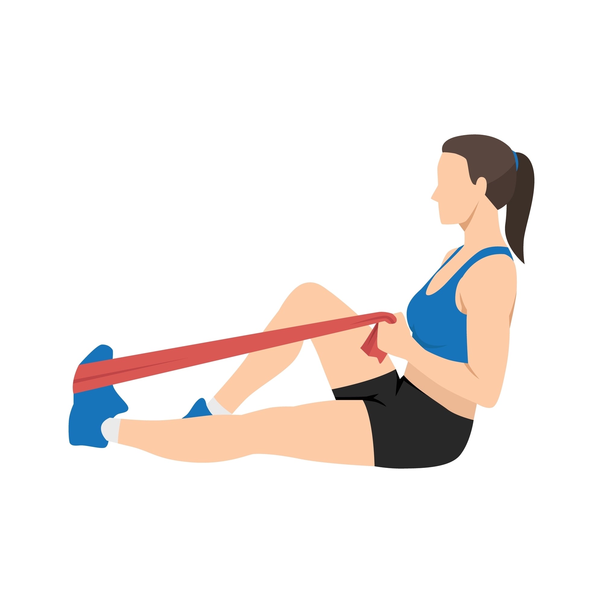 A woman performing a calf stretch with a long resistance band by pulling the toes towards her