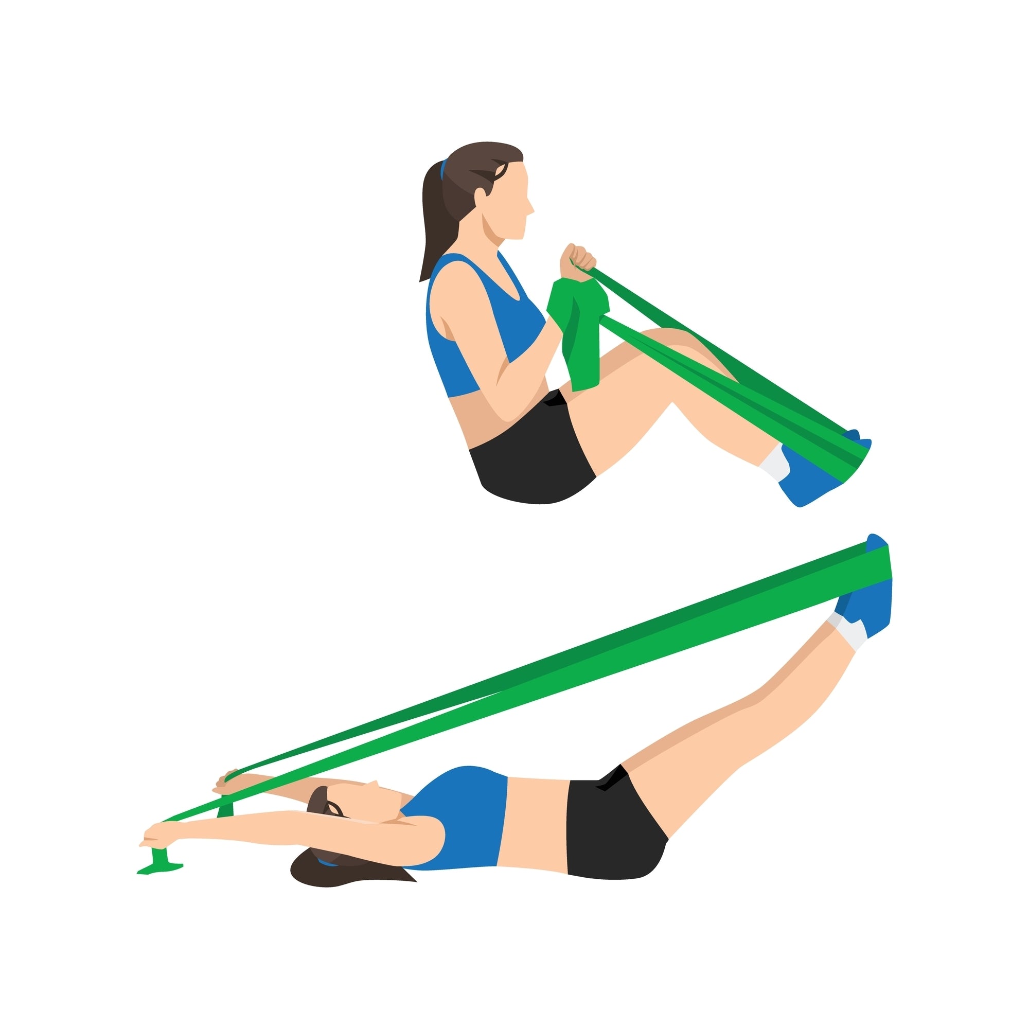 A woman performing a double leg stretch with a long resistance band