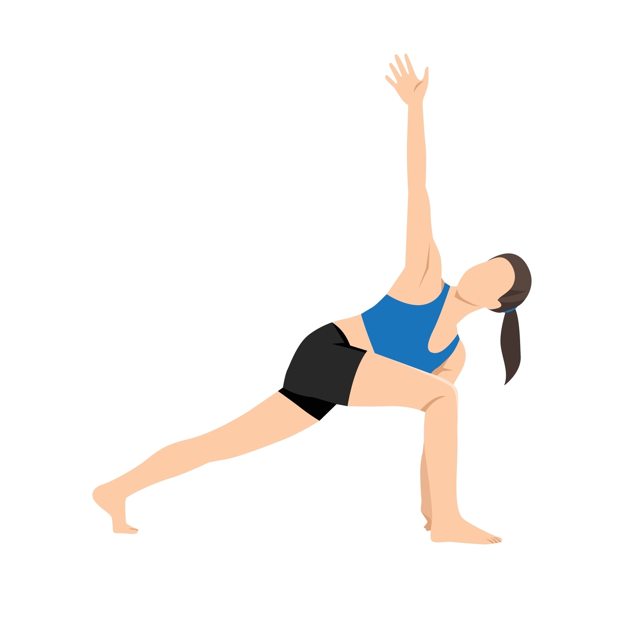 A woman performing a lunge with back twist stretch with the hand to the air