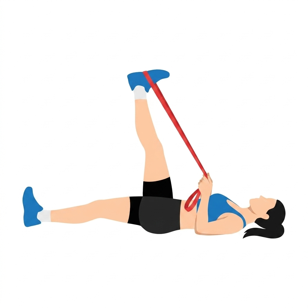 A woman performing a lying hamstring stretch with a long resistance band 