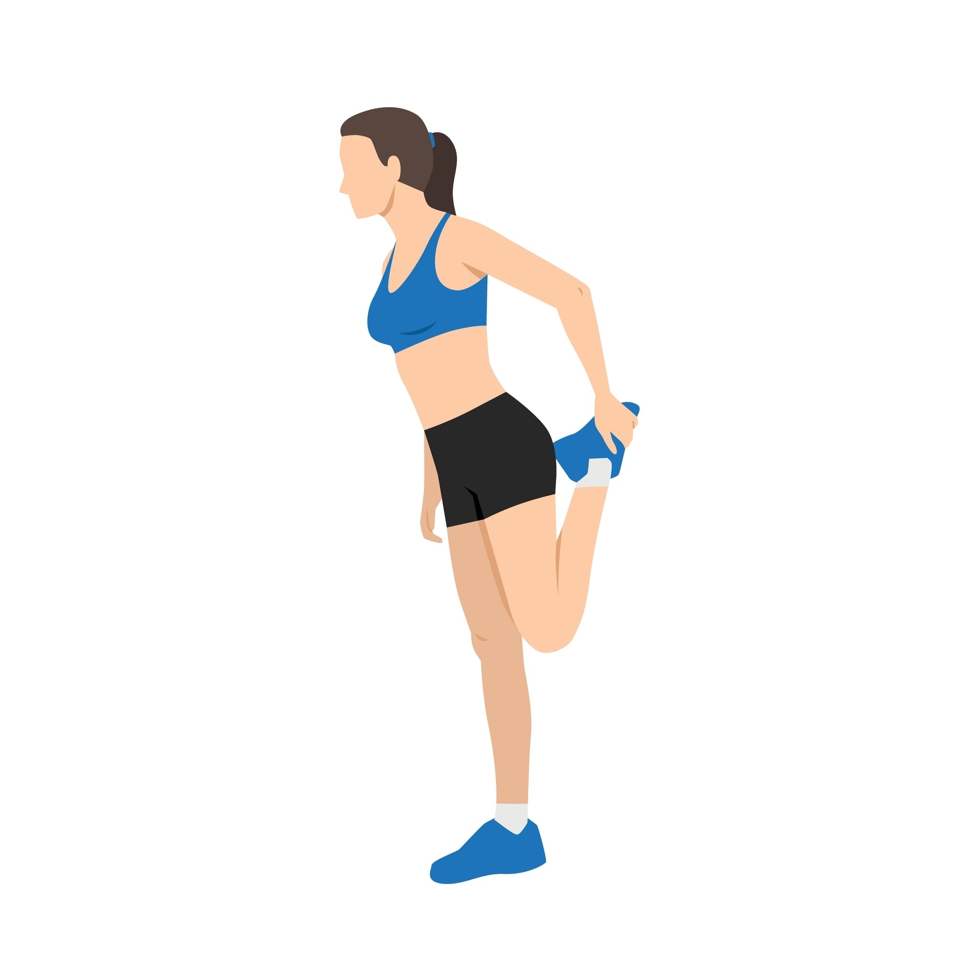 A woman performing a standing quad stretch on one leg